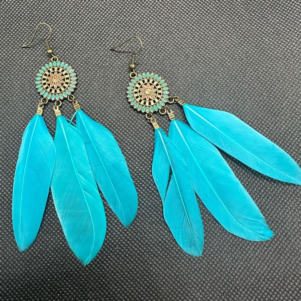 ✨💎 Bohemian Chic Turquoise Feather Dangle Earrings | Festival Statement Jewelry🩵 - Picture 15 of 16